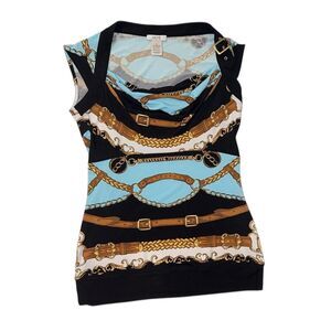 Vintage Cache Black and blue belted top with a touch of glamour